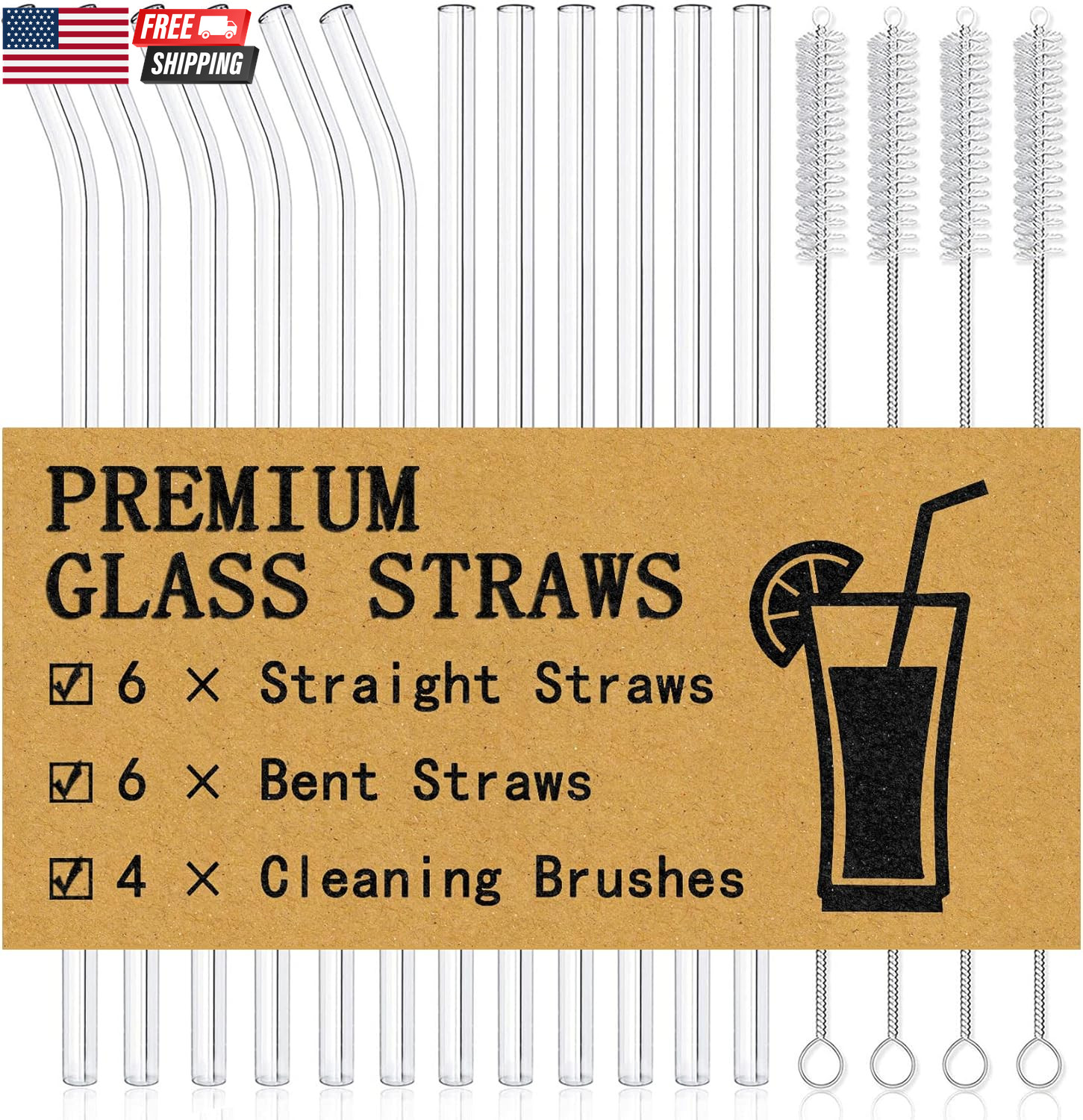 12Pcs Glass Straws with 4Pcs Brushes, Reusable Clear Glass Drinking Straws, 8.5′