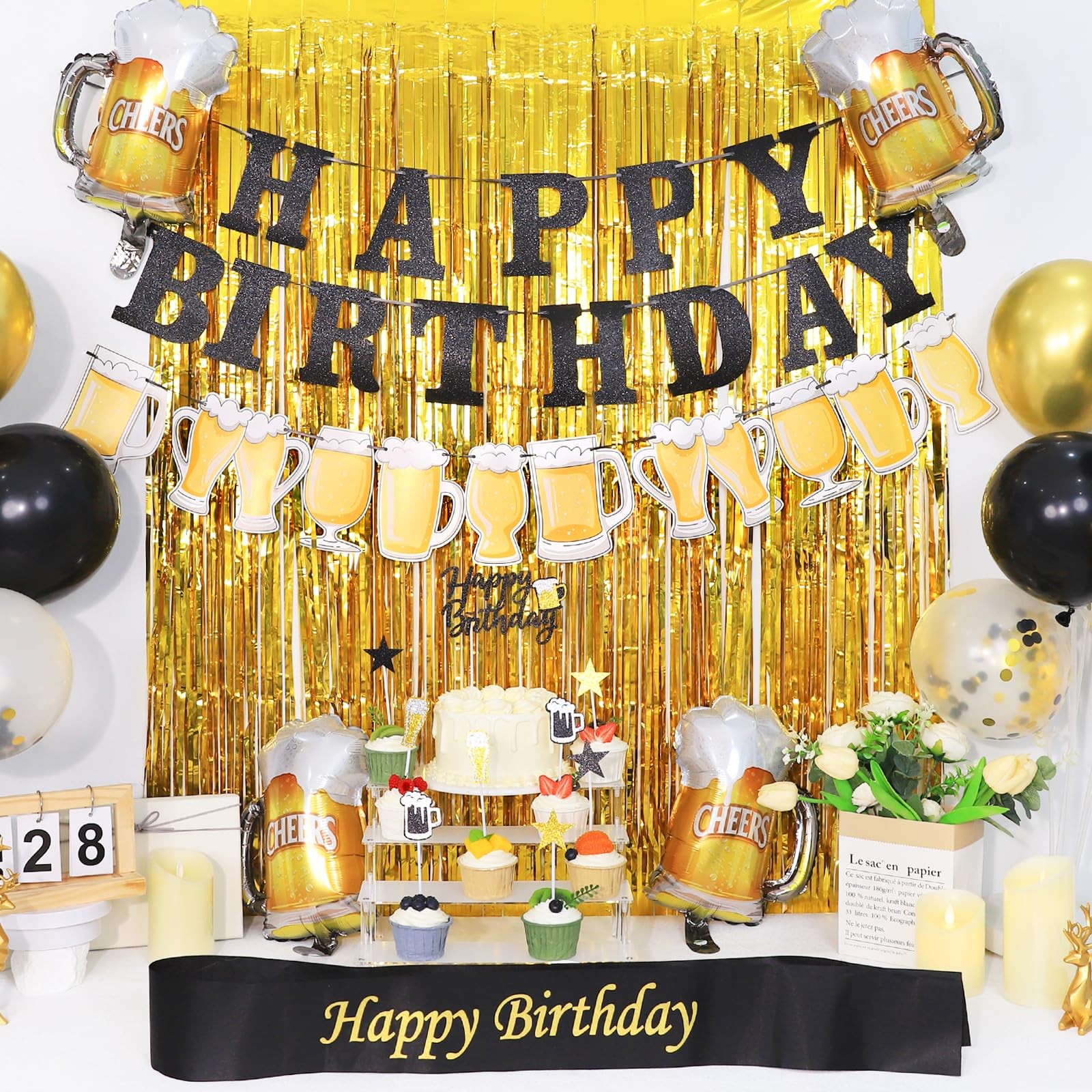Black and Gold Birthday Decorations, 45PCS Happy Birthday Balloons Decorations f