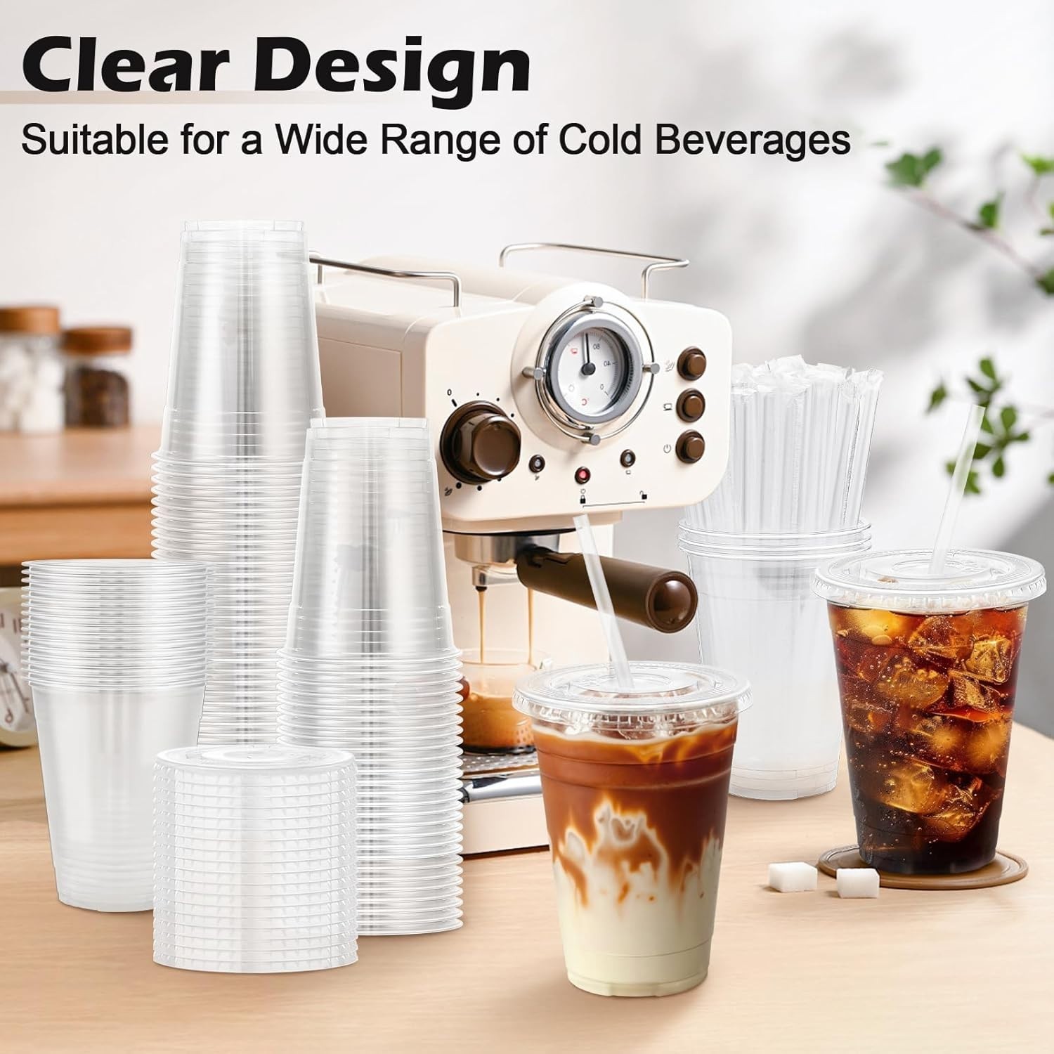 100 Vasos Plasticos 16Oz Transparentes con Tapa y Popote Resistentes Desechables