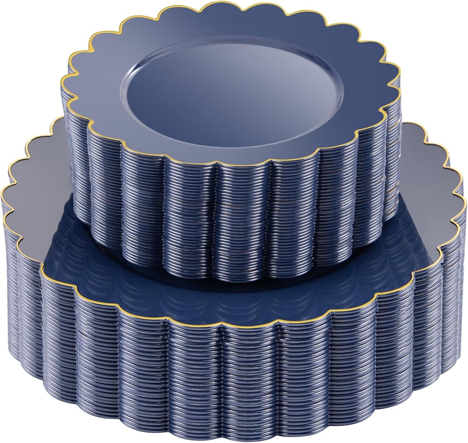 LIYH 60 Pcs Navy Blue Plastic Scalloped Plates with Gold Rim, Blue and Gold