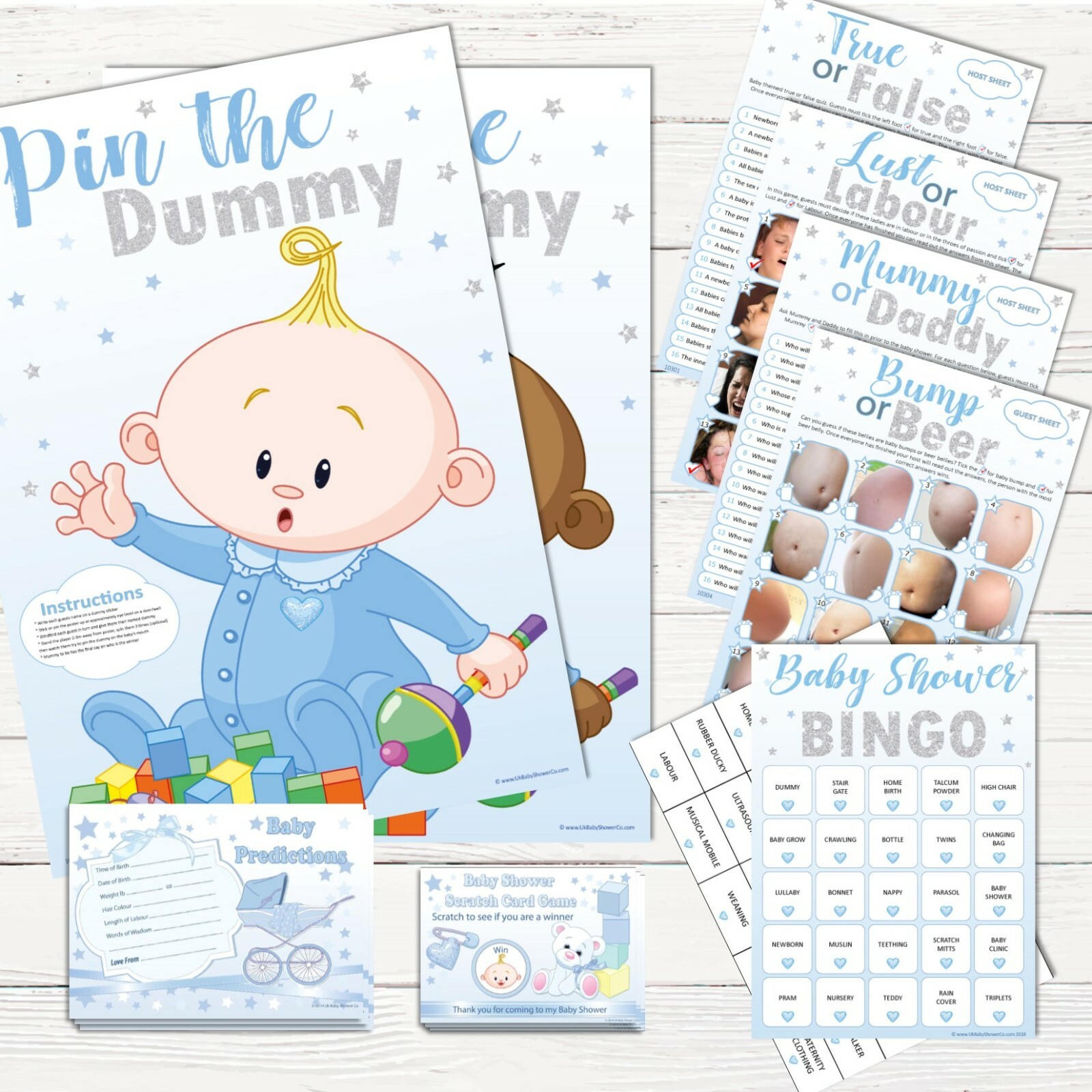 BLUE STARS – Baby Shower Games, Bingo, Predictions,Pin the Dummy,Lust Labour Boy