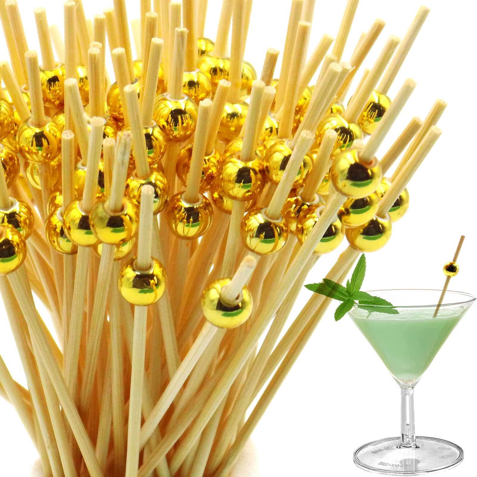 100PCS Cocktail Picks 4.7 Inch, Fancy Bamboo Toothpicks for Appetizers, Gold-…