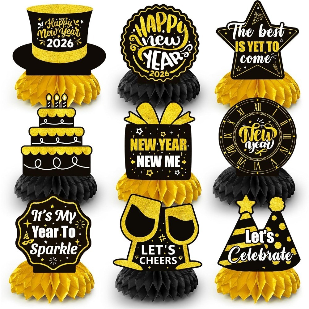 2026 New Year Party Honeycomb Centerpieces, 9pcs New Year Eve Party Honeycomb