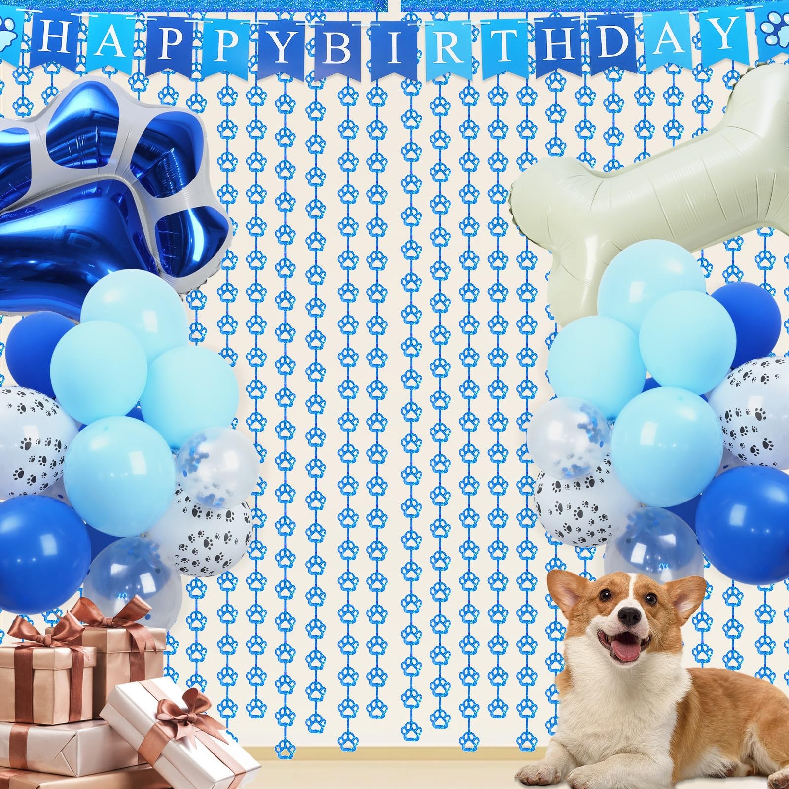 RANERVZ Dog Birthday Paw Foil Fringe Curtain 3.3×6.6ft Orange Blue