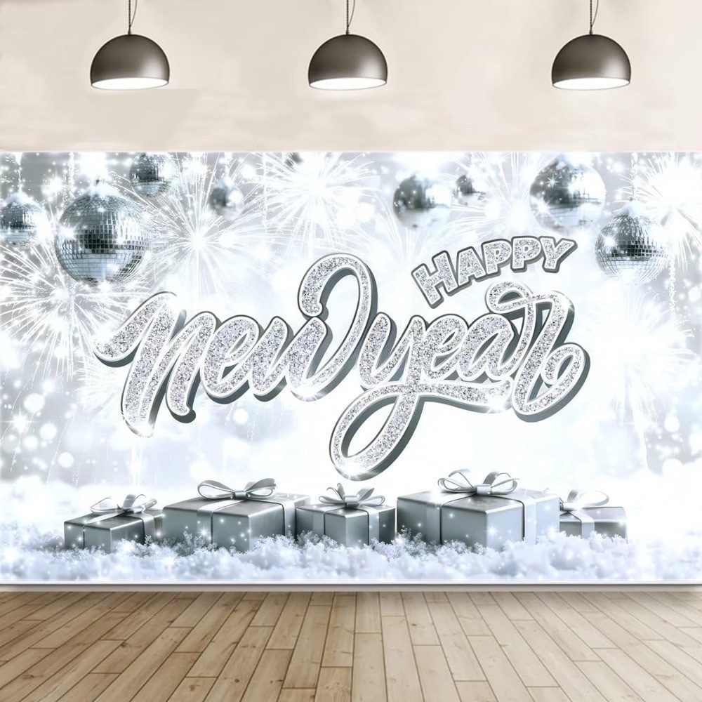 Happy New Year Banner 71 x 43 Inch, Silver Glitter Decor Backdrop with White