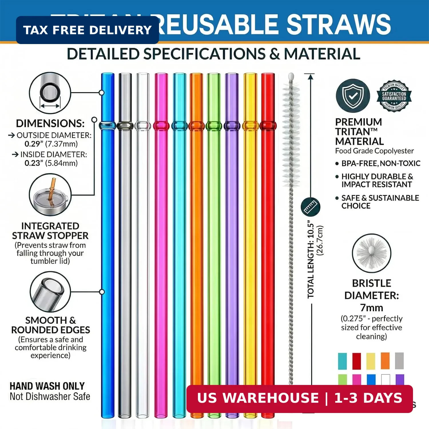ALINK 10.5 in Long Reusable Plastic Straws with Brush, Tritan Hard Plastic Tumbl