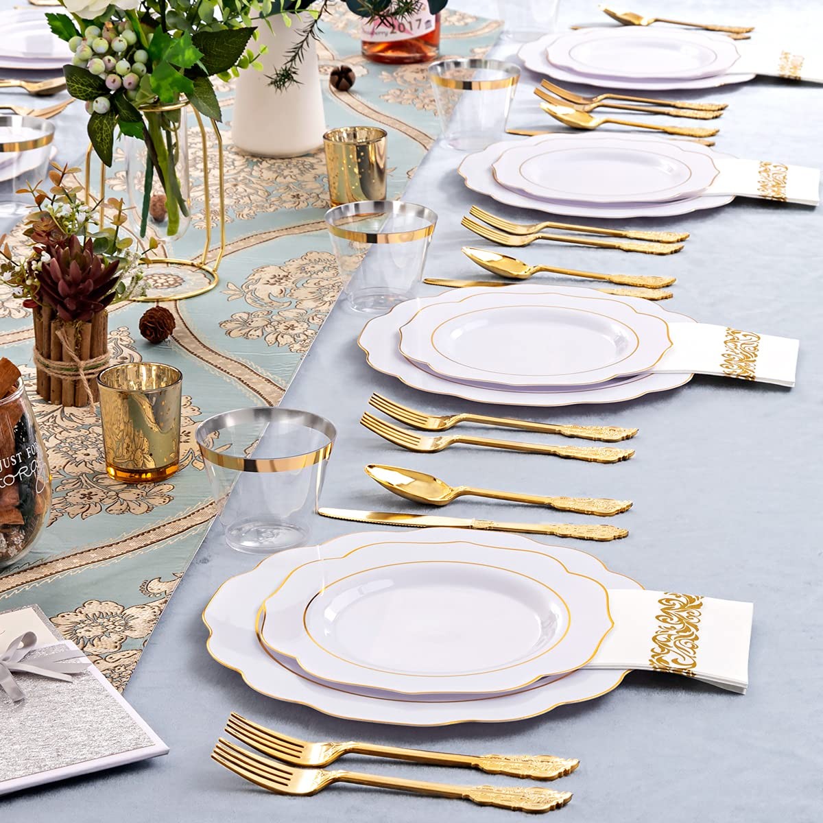 175PCS Gold Plastic Plates with Disposable Silverware – White Gold Plastic Ta…