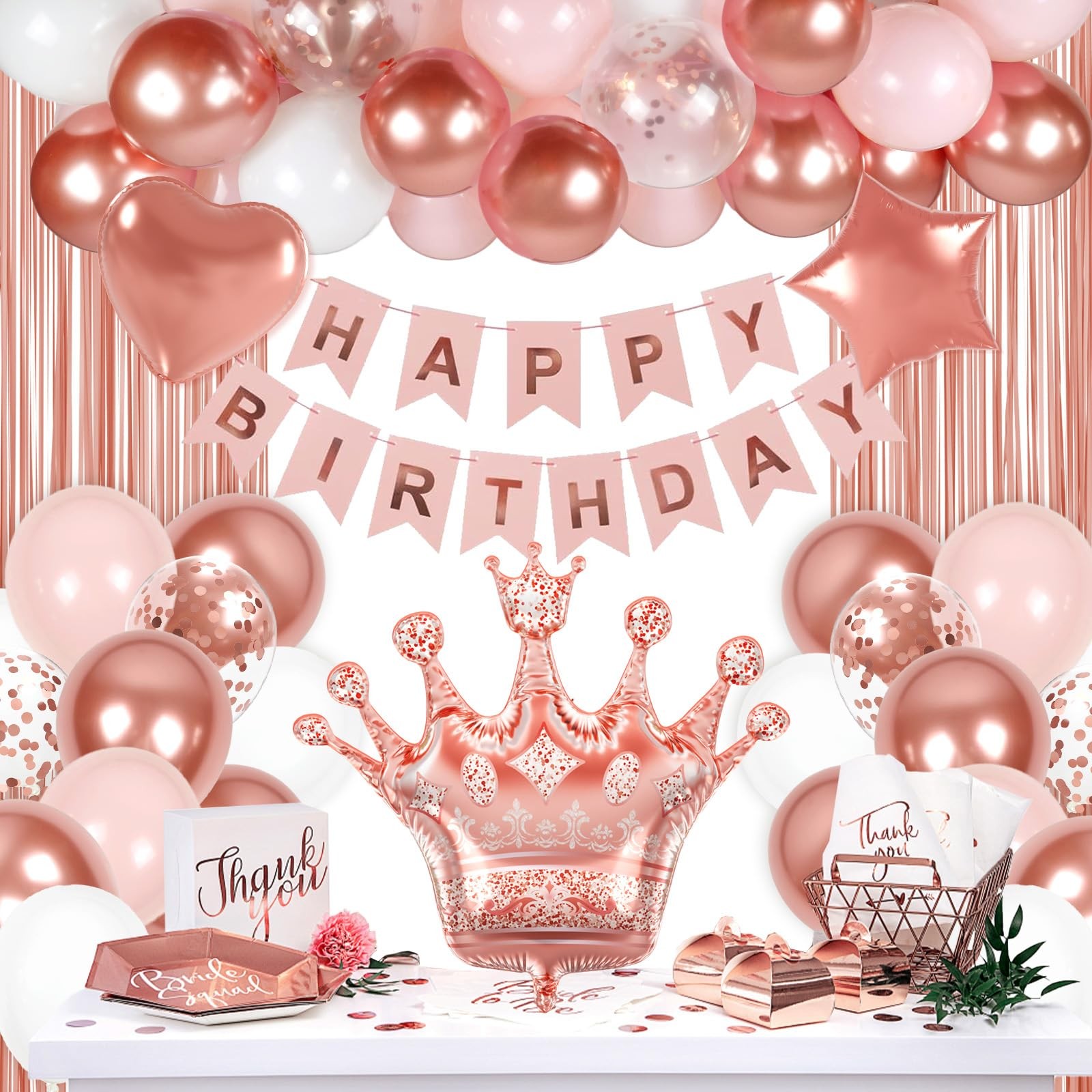 Rose Gold Birthday Decorations for Women with White Pink Rose Gold Balloons H…