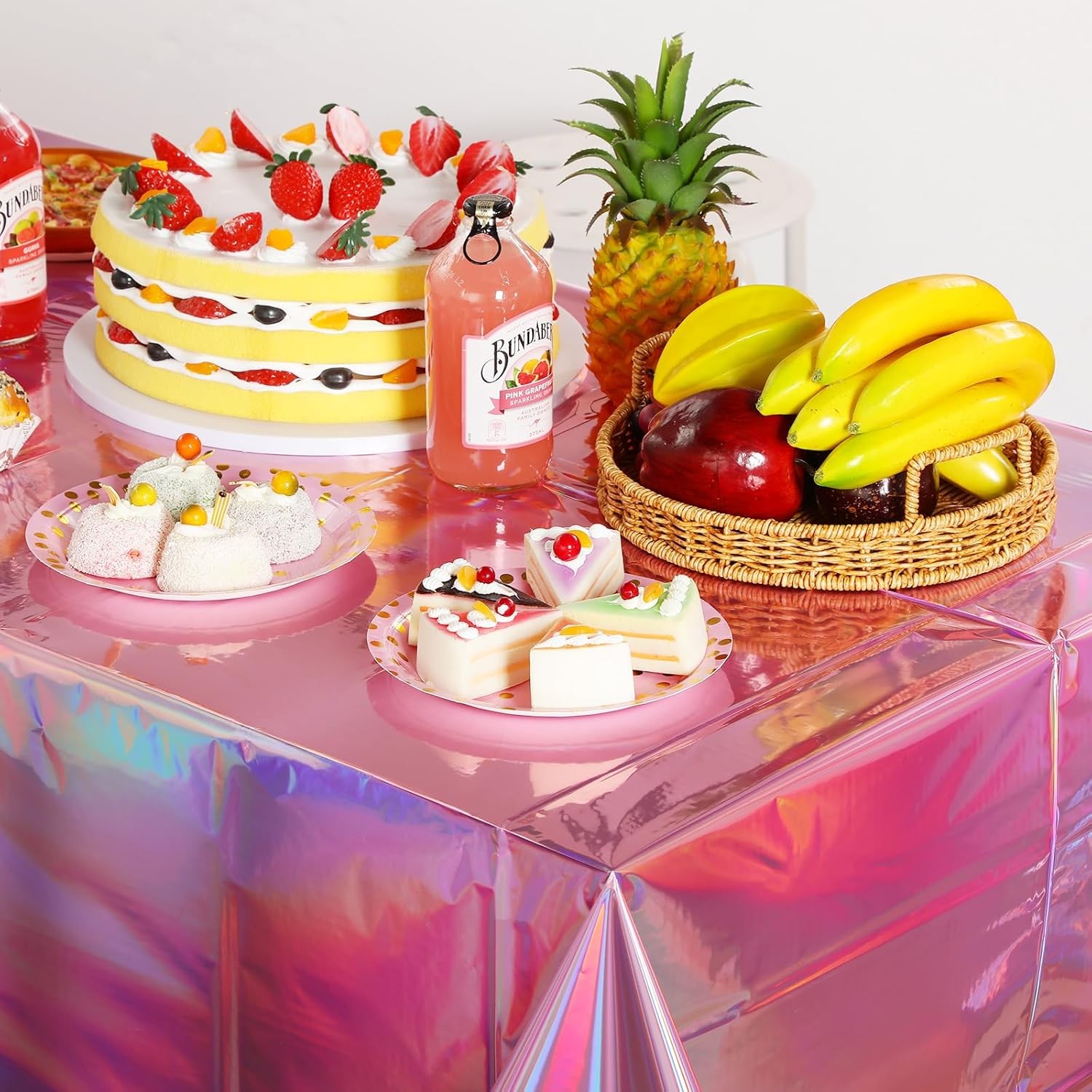 4 Pack Iridescent Pink Plastic Tablecloths, Shiny Disposable Laser Rectangle