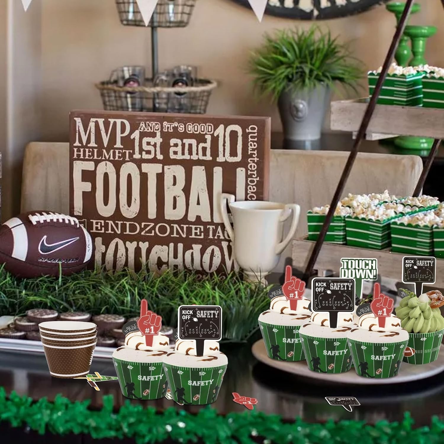 48 Pack Football Cupcake Toppers and Wrappers, Rugby Touchdown Cake Decoration f