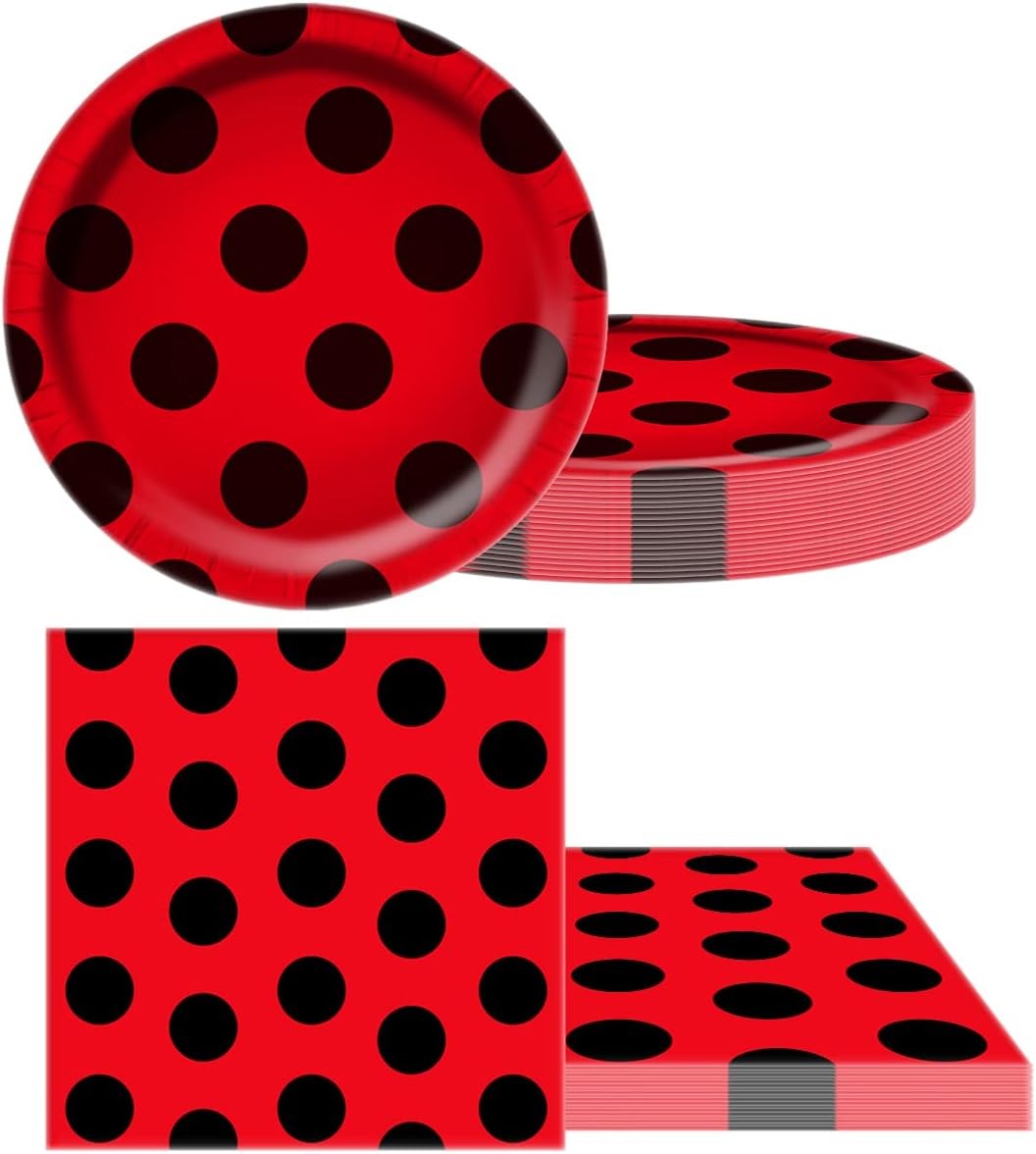 Ladybug Party Tableware Sets,20 Plates and 20 Napkins Red, Black