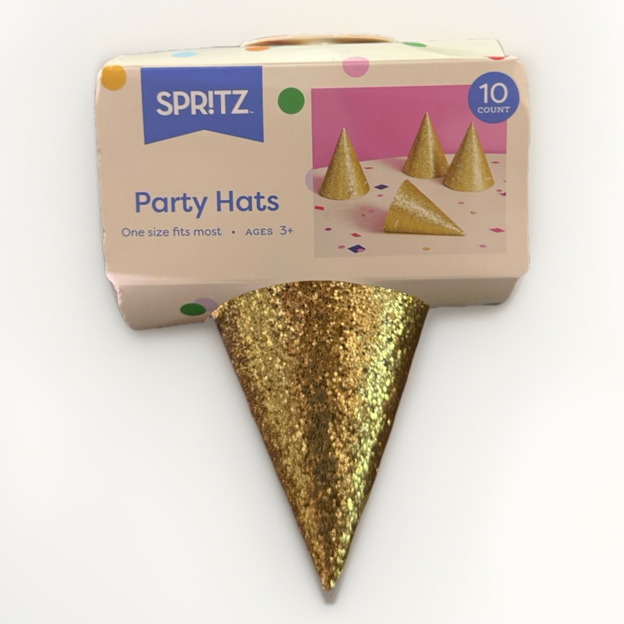 NEW Spritz Gold Glitter Party Hats – 10 Pack – 5″ Mini Cones Birthday/Holiday
