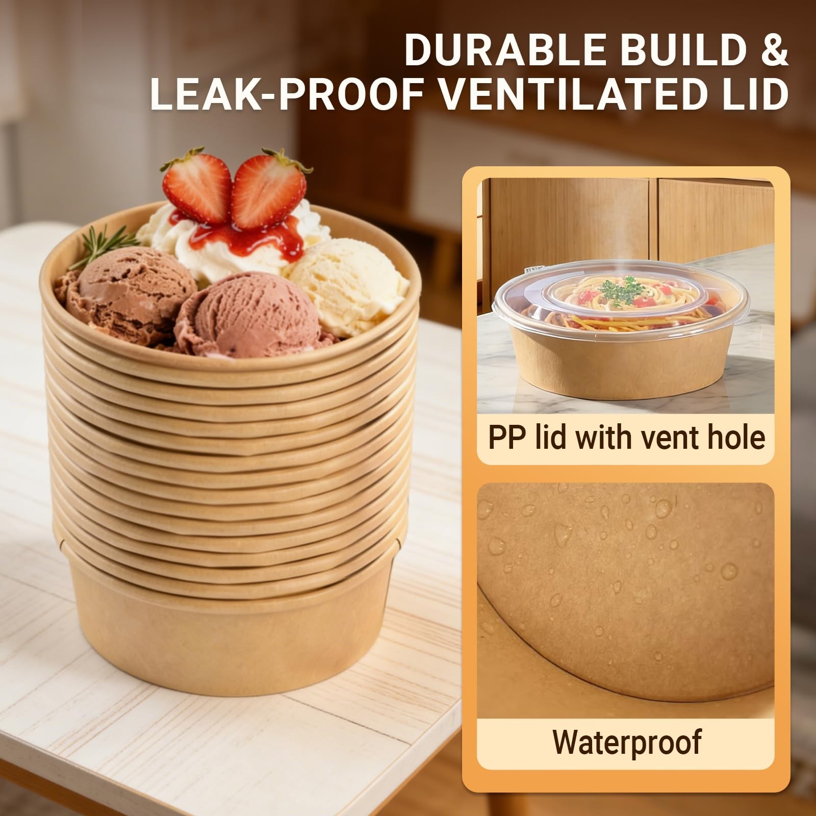 47oz Disposable Round Kraft Paper Meal Prep Containers with Lids, 50pk Oil Pr…