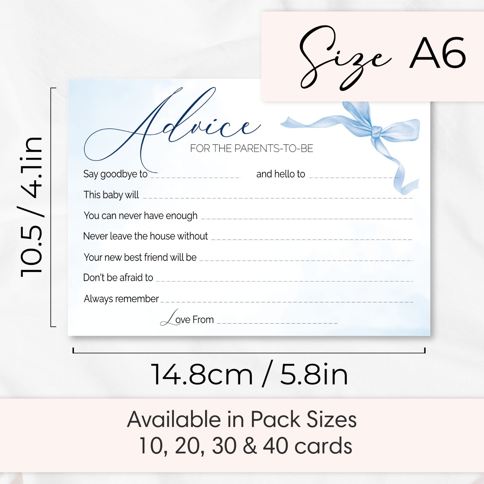 Ribbon Bow Theme Baby Shower Advice Cards Keepsake, Pretty Blue Boys Minimalist