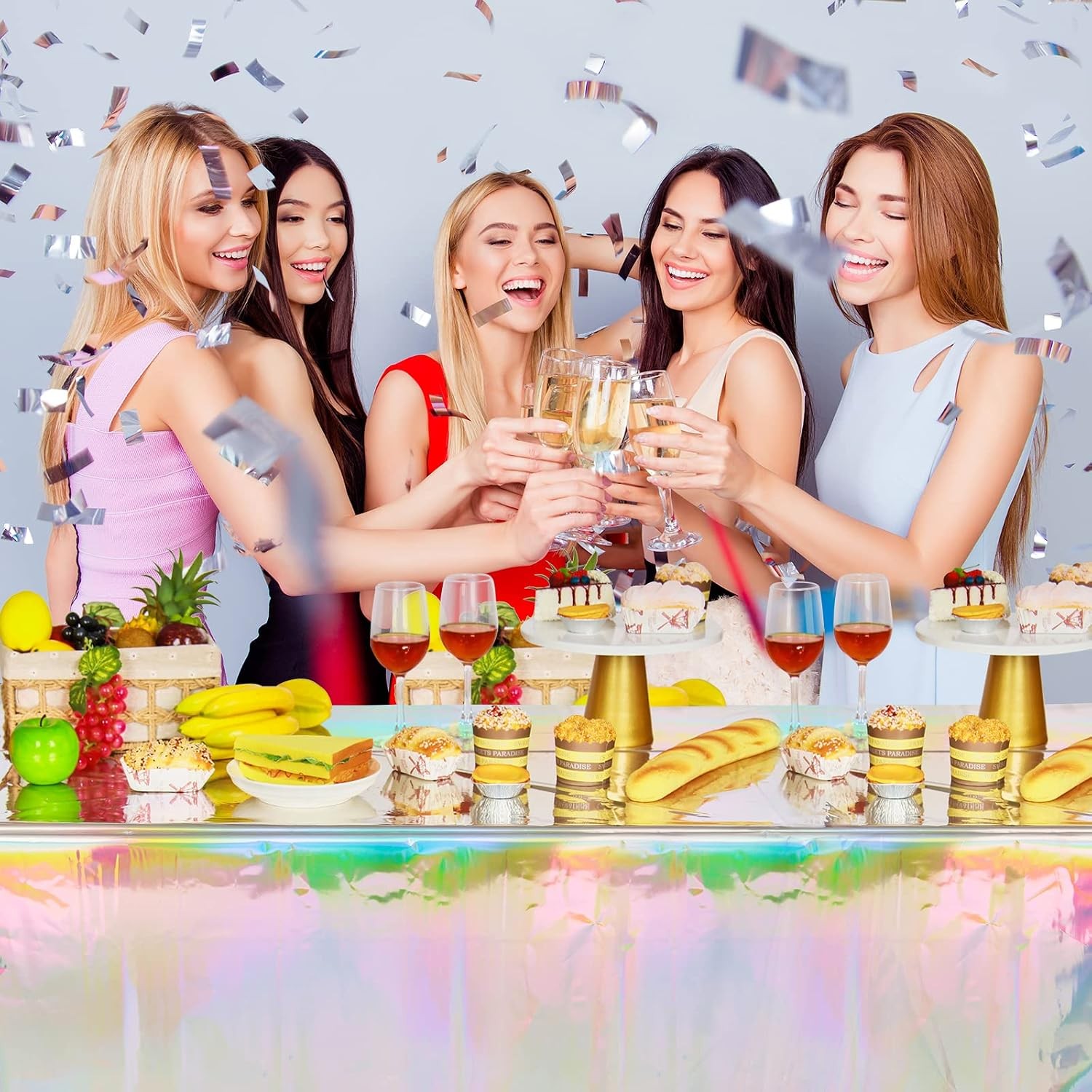 4 Pack Iridescent Plastic Tablecloths, Shiny Disposable Laser Rectangle Table