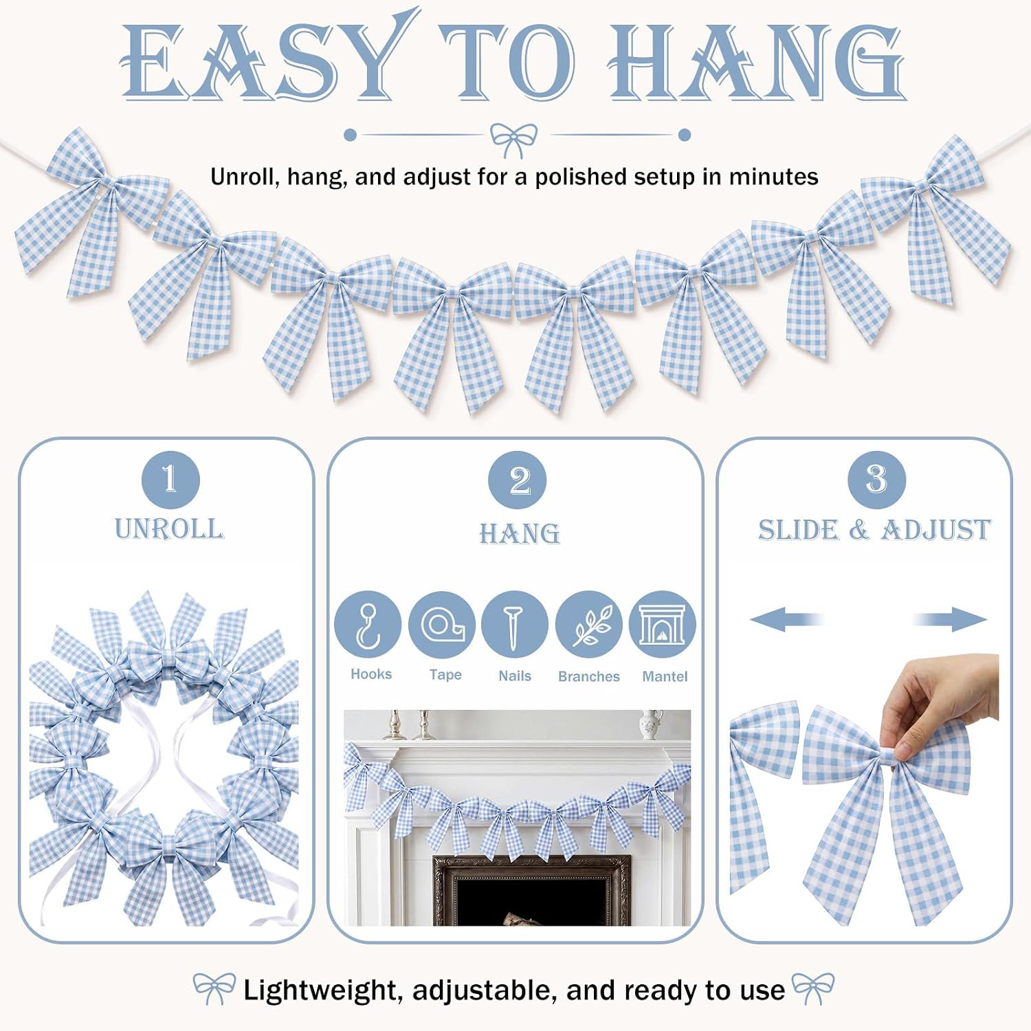 8 Ft Sky Blue Bow Garland Decorations Blue Fabric Bow Banner Hanging Banner for