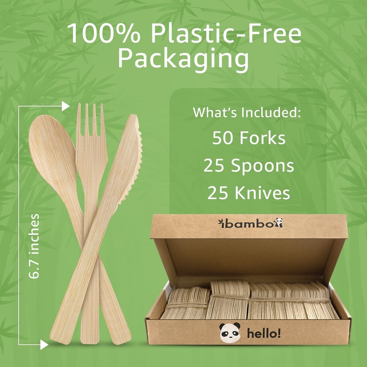 Ibambo Natural Bamboo Disposable Cutlery Set 50 Forks, 25 Spoons, & 25 Knives