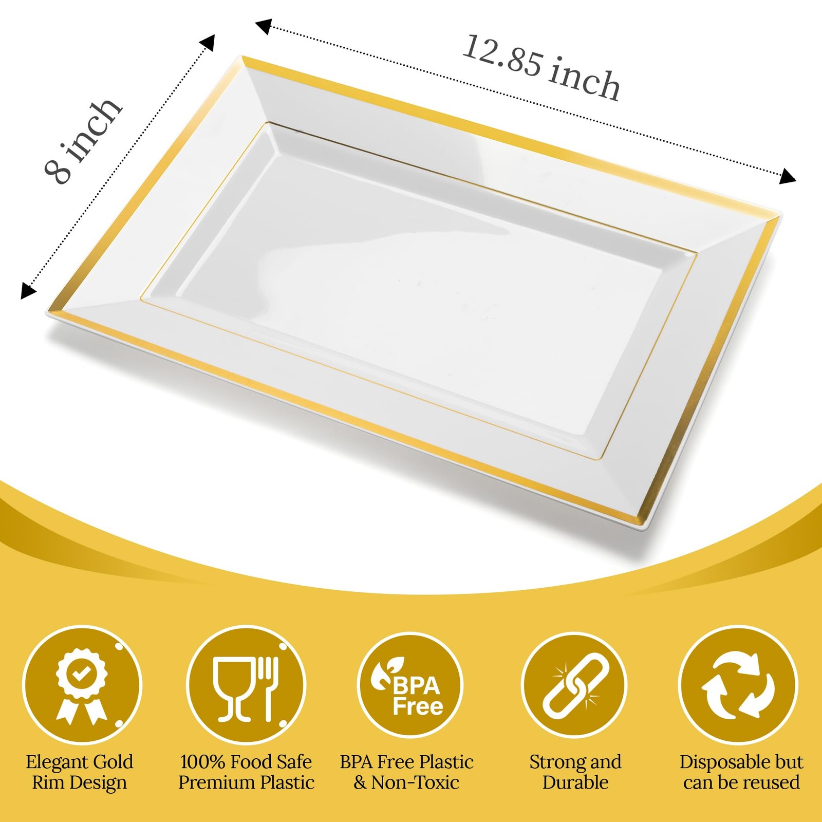 Mint Living – Elegant Plastic Serving Tray & Platter Set (6pk) – White & Gold Ri