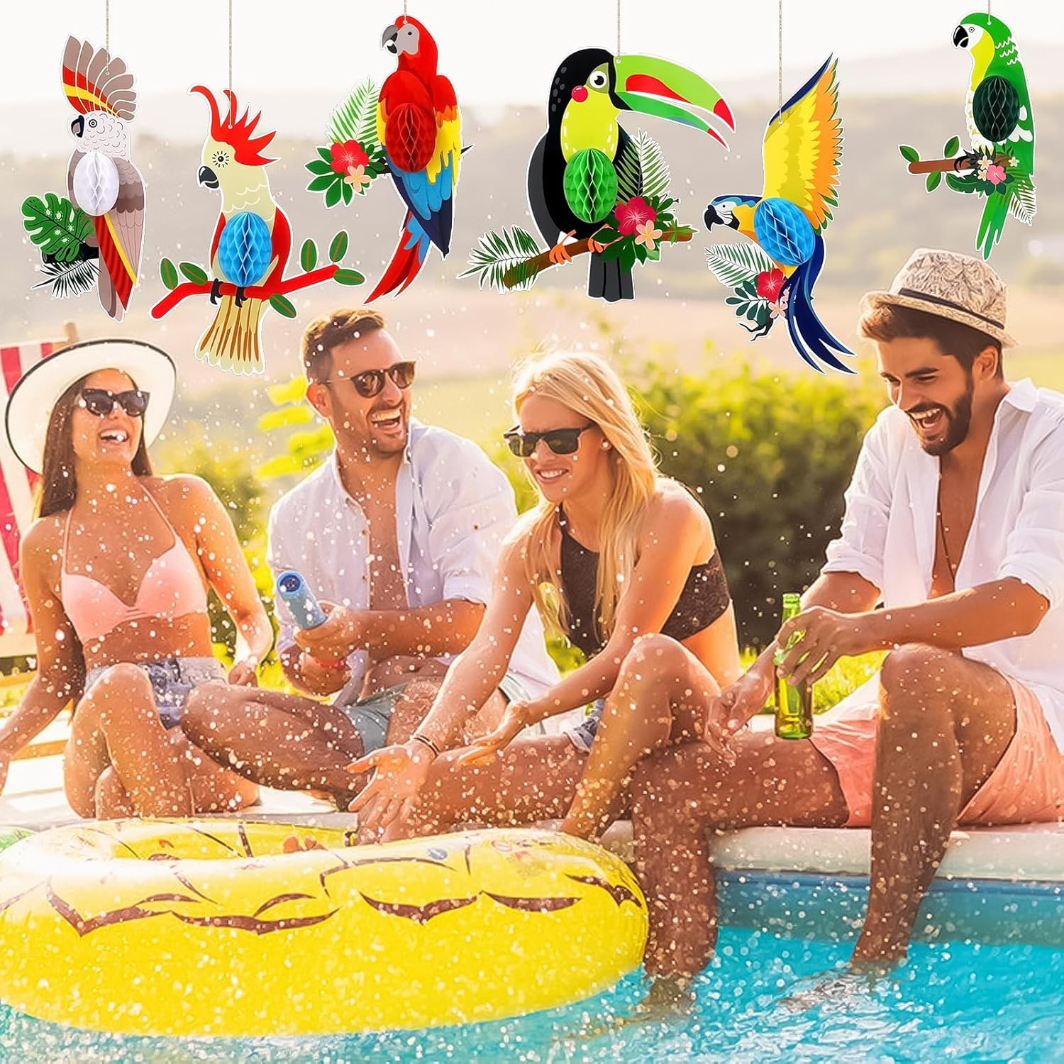 6 Pieces Tropical Birds Honeycomb Cutouts, Large Parrot Hanging Decor Parrot Hon
