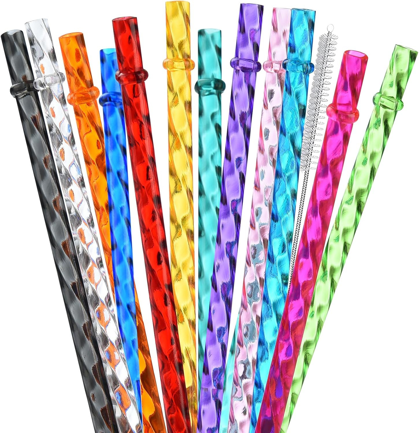 12-Pack Reusable Plastic Clear Swirl Straws, 13″ Extra Long Colorful Hard