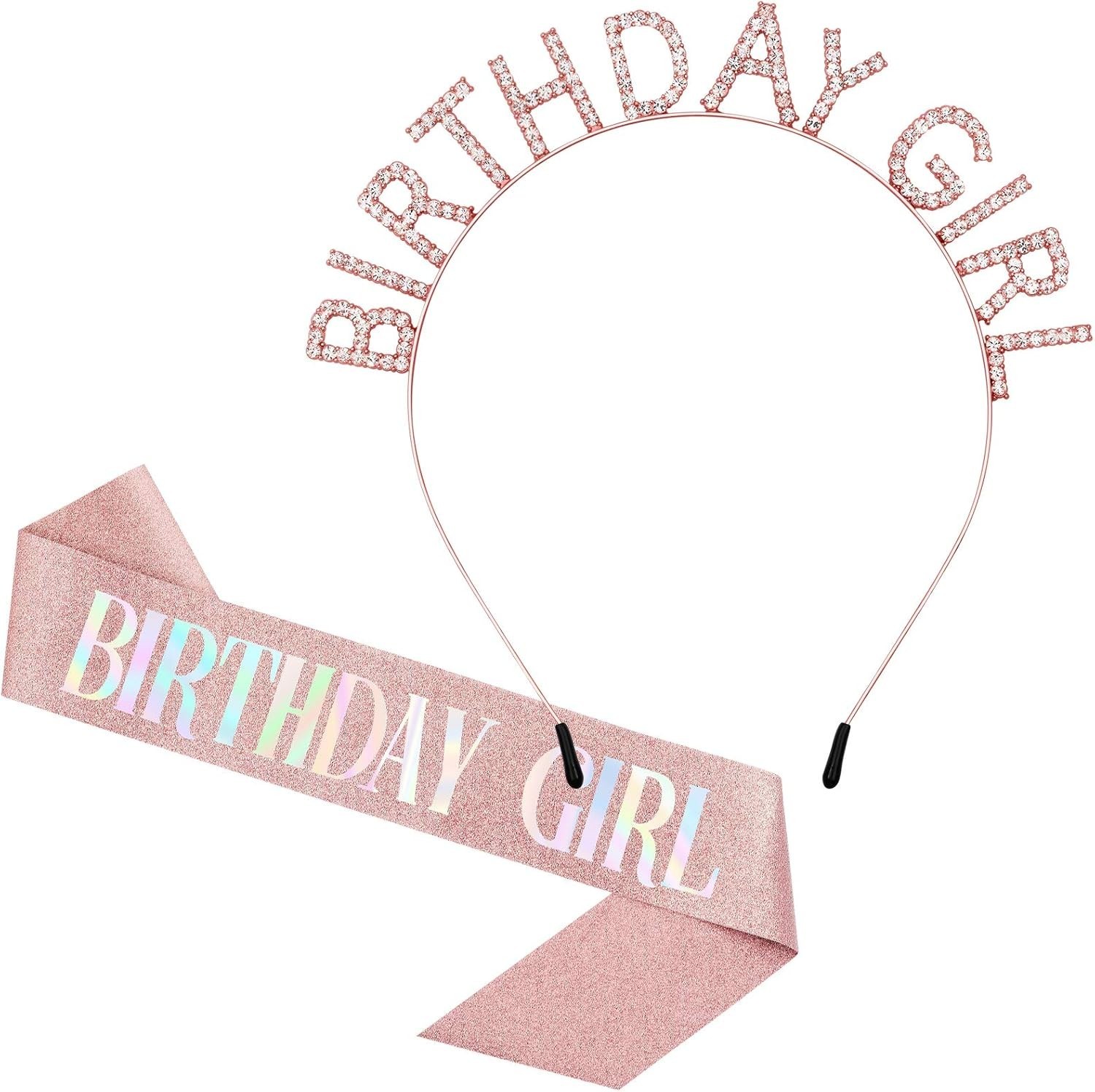 Birthday Crown and Sash Set for Women – Glitter Birthday Girl Sash, Rose-Gold…