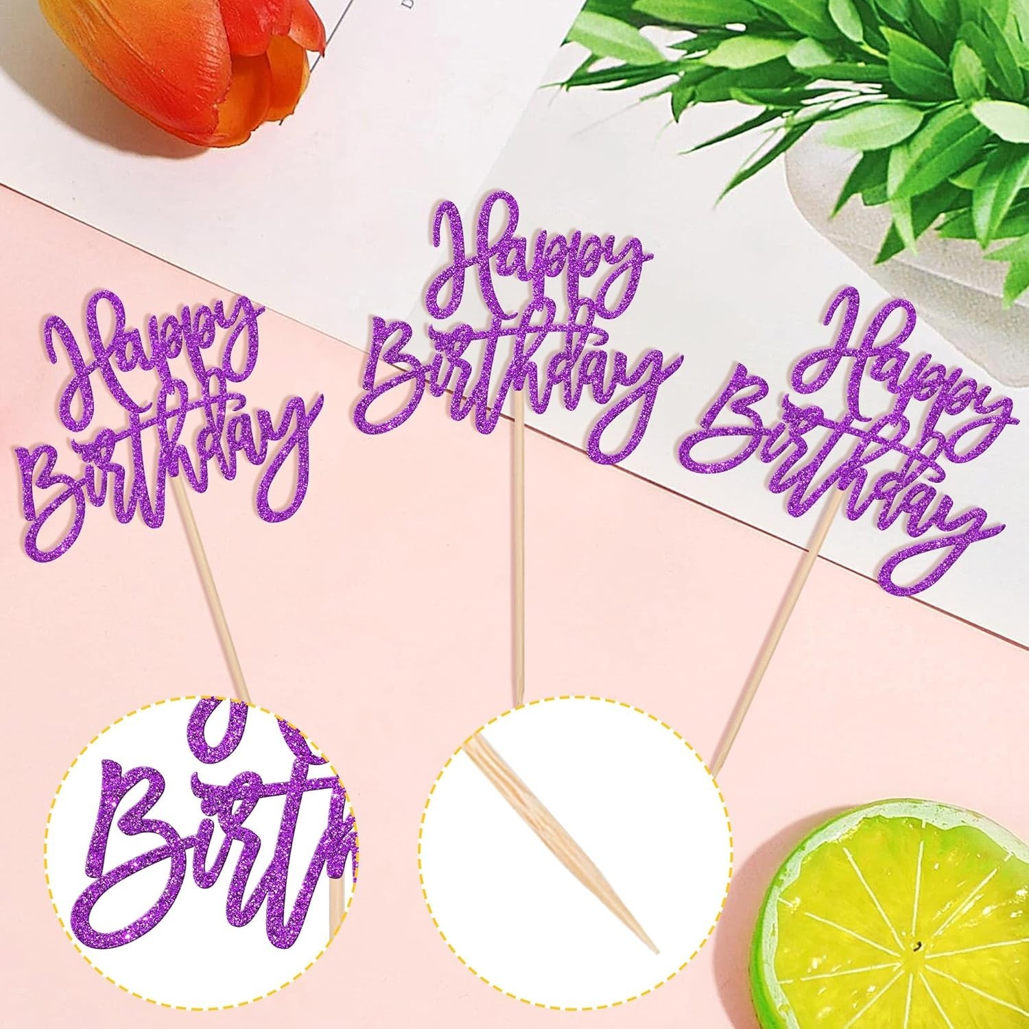 24 PCS Glitter Happy Birthday Cupcake Toppers – Purple Cupcake Picks for Cele…