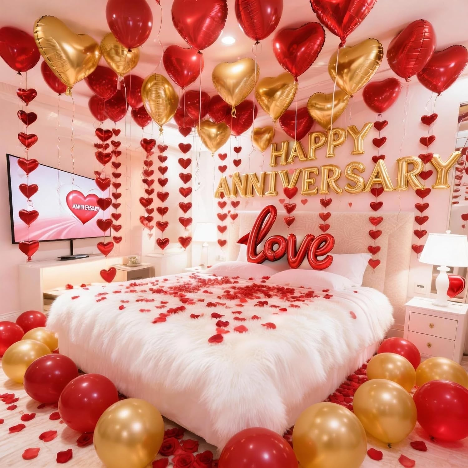 Romantic Anniversary Decorations with Red Hearts, Balloons & Silk Rose Petals