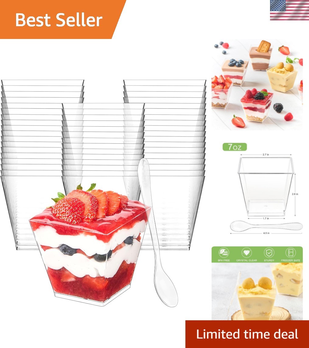 7 oz Square Mini Dessert Cups with Spoons – 50 Pack Plastic Pudding & Parfait…
