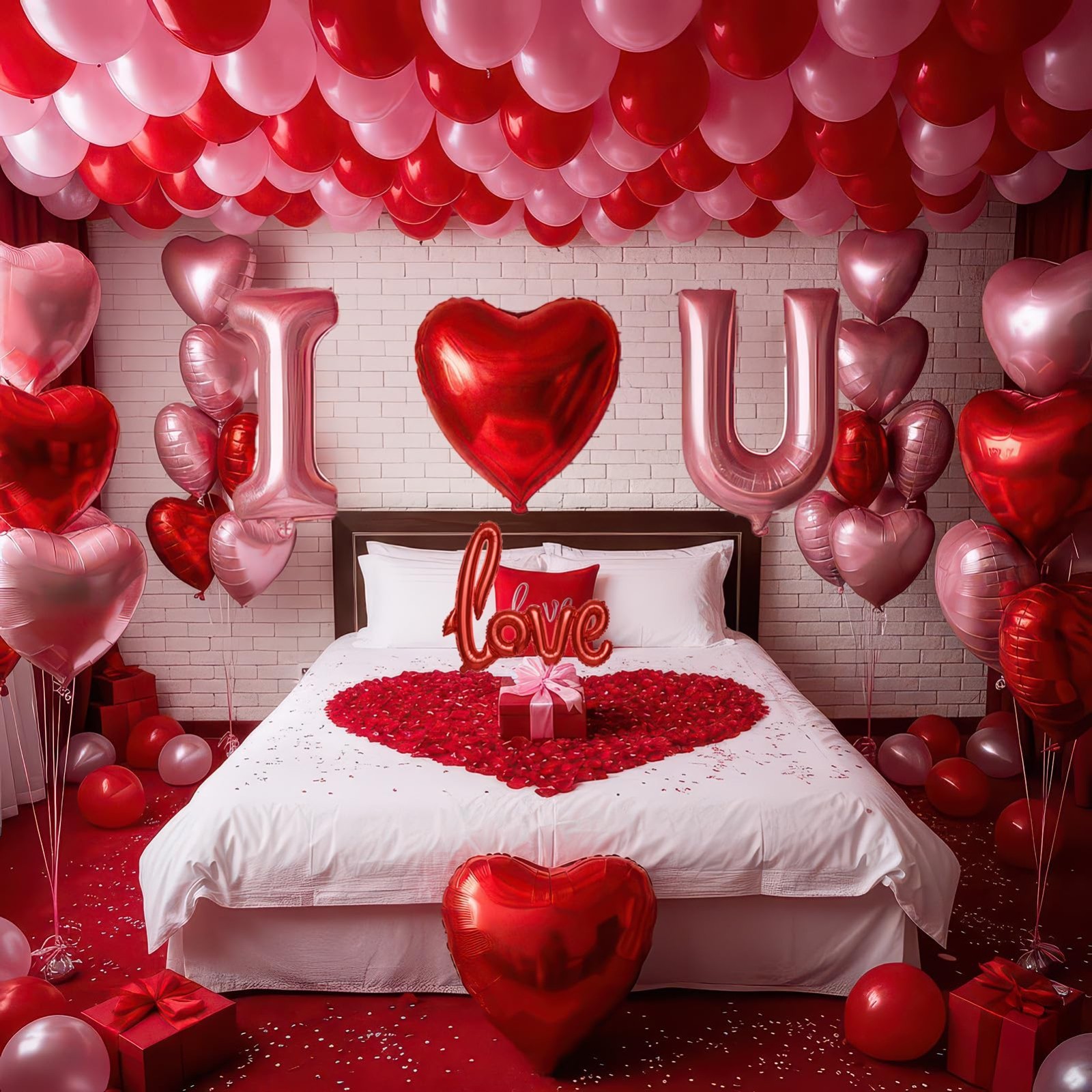 Romantic Red & Pink Heart Balloons Kit – Mylar LOVE Balloons & Rose Petals for V