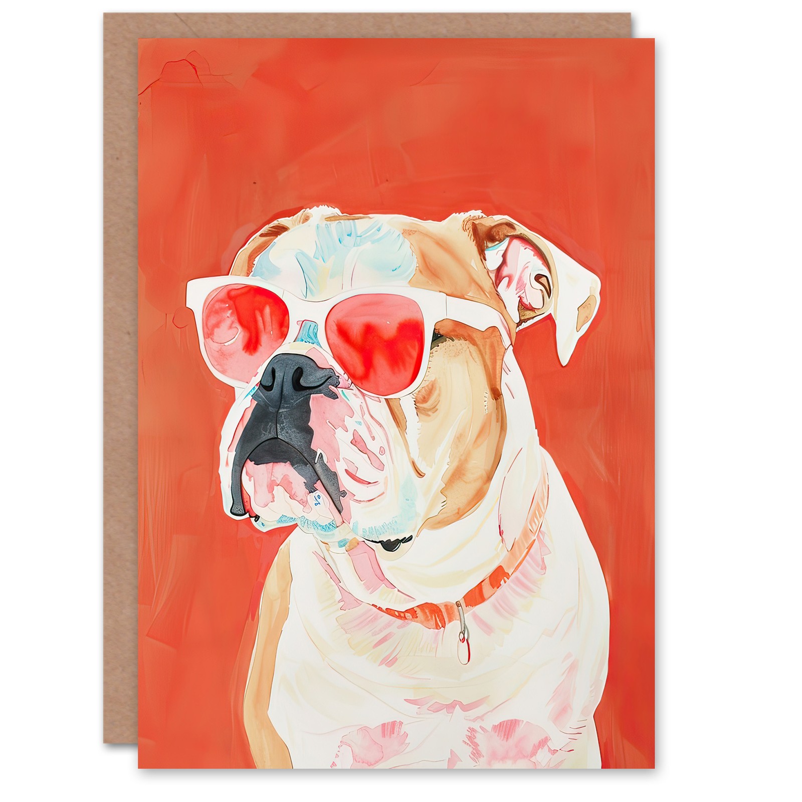 Greeting Card Dog Lover English Bulldog Sunglasses Pop Art Red Birthday
