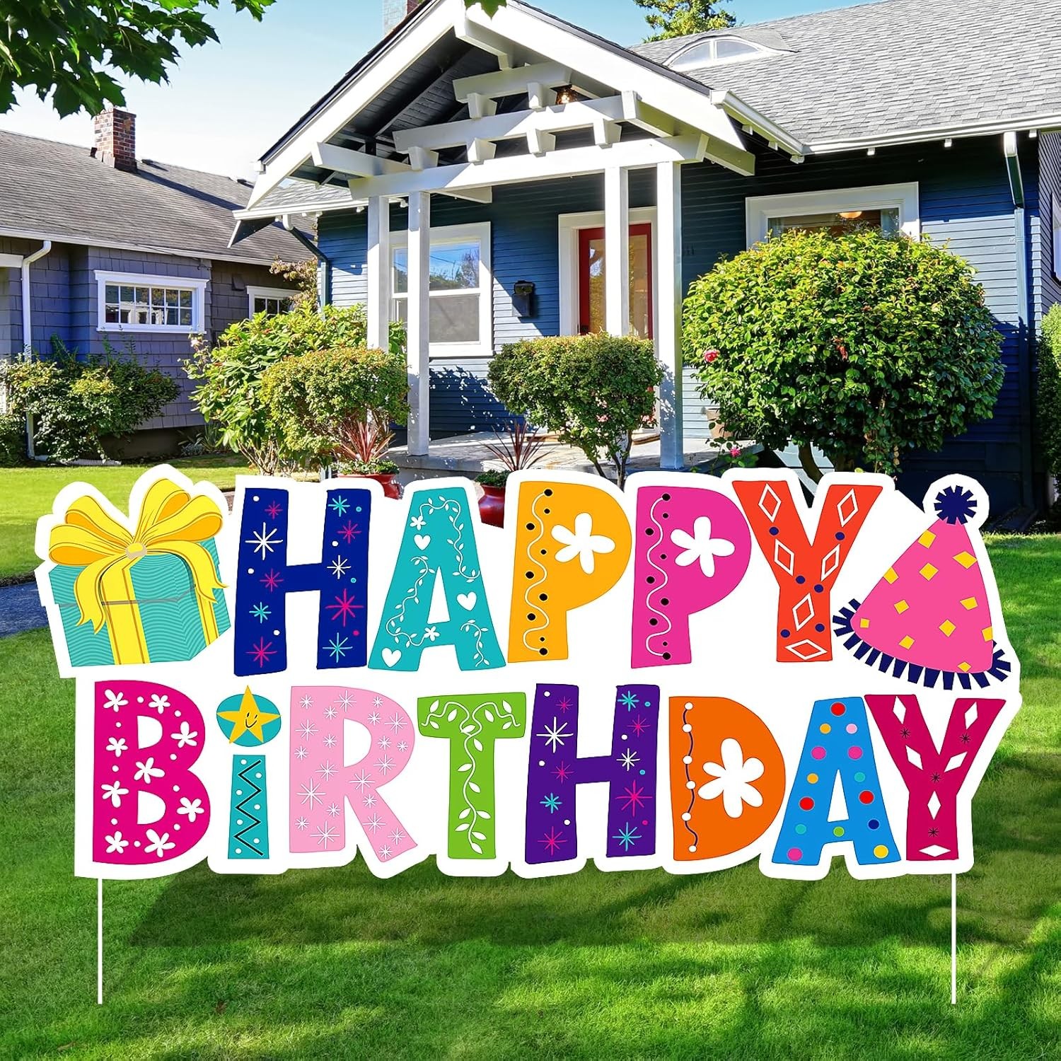 Happy Birthday Yard Sign with Stakes, Colourful Birthday Lawn Signs 37″ Large