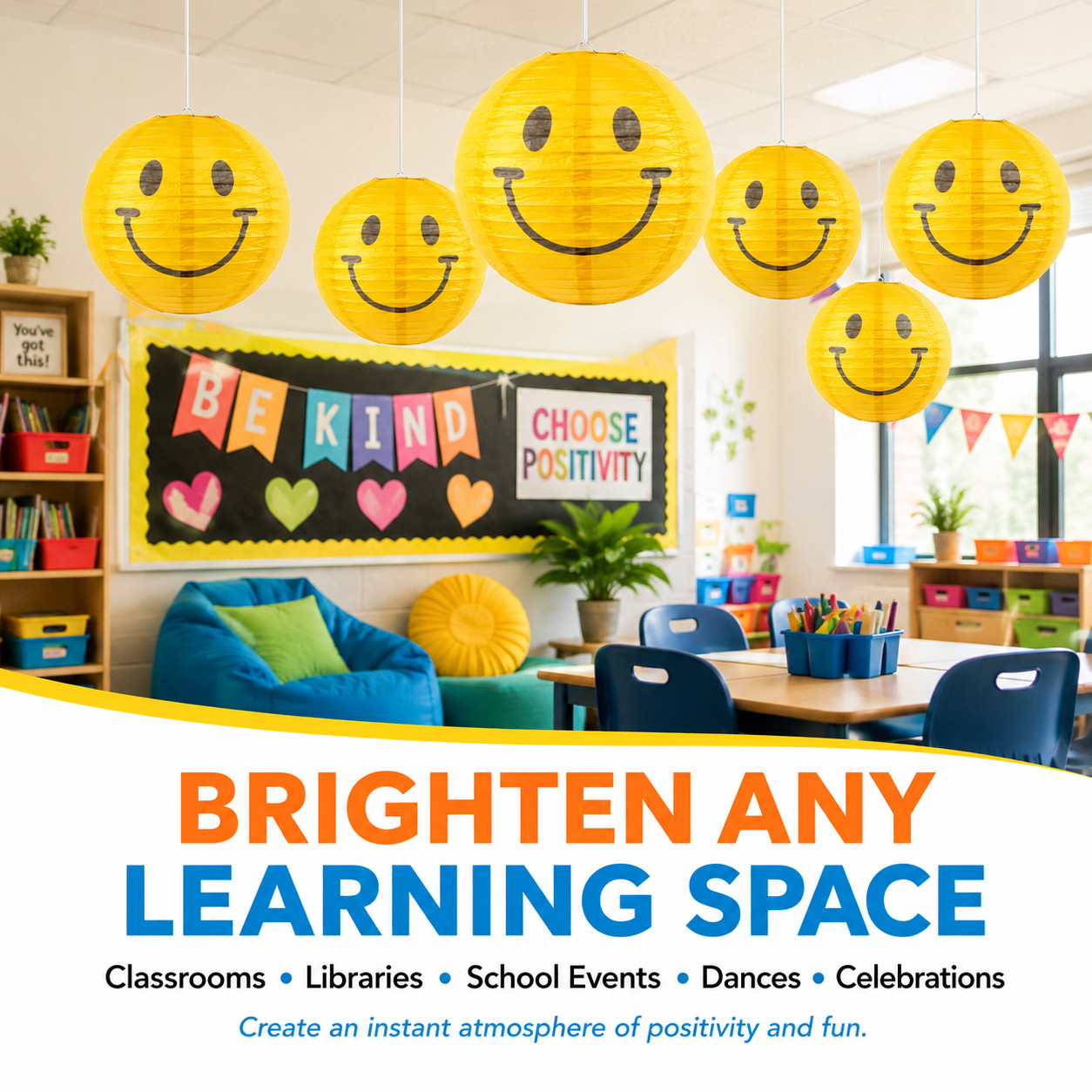 Yellow Smile Happy Face Paper Lanterns 6 Pc 8-16 In Retro Party Hanging Decor
