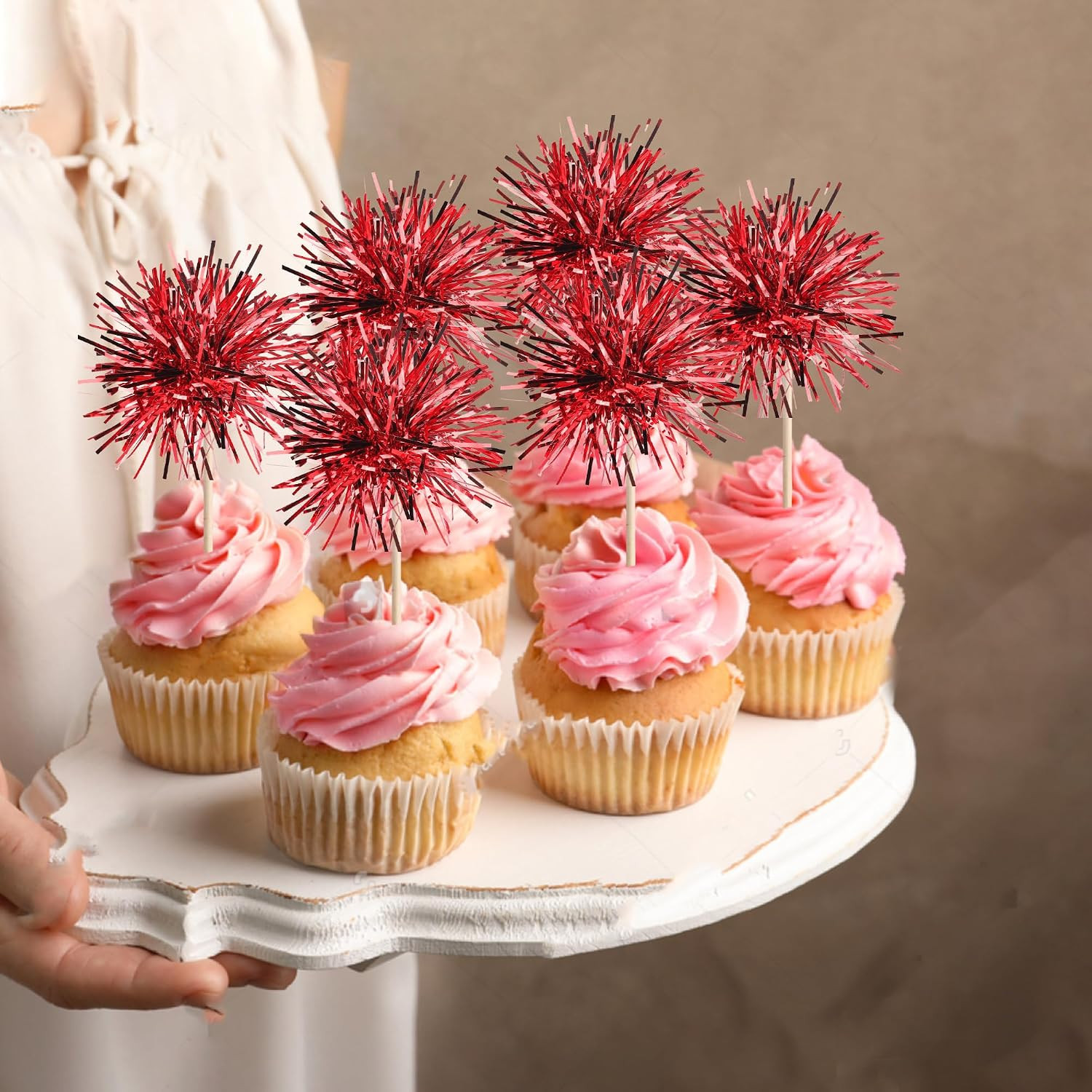 40 PCS Foil Firework Cupcake Toppers Sparkle Tinsel Cupcakae Picks Sparkler Fire