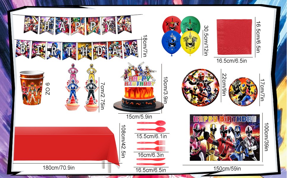 98 Pcs Power Rangers Decorations Tableware,Power Rangers Party Backdrop Banner