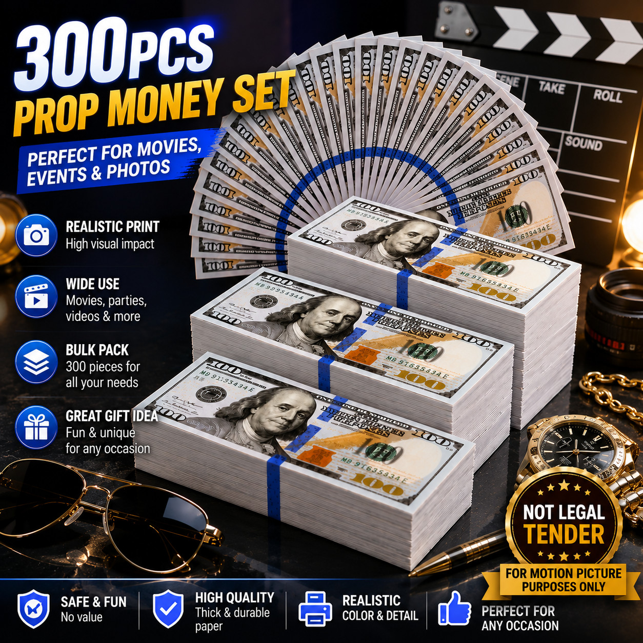 300PCS $100 Bills Prop Replica Money for Movies Parties Tik Tok Instagram Fake