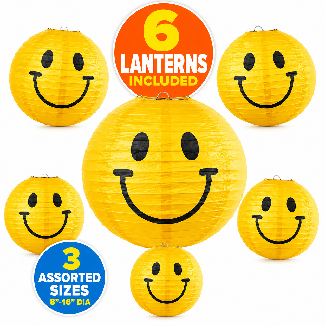 Yellow Smile Happy Face Paper Lanterns 6 Pc 8-16 In Retro Party Hanging Decor