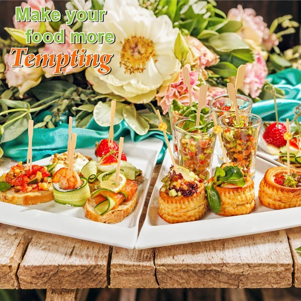 Cocktail Picks Kit 500 PCS 4 Styles Fancy Decorative Wooden Skewers Long Bamboo