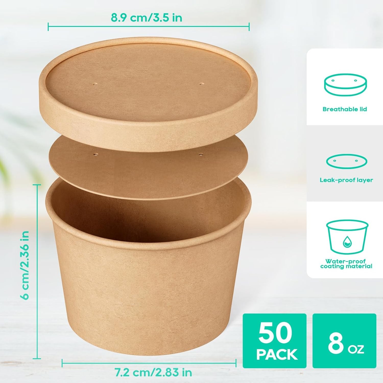 50pack 8oz Paper Soup Containers with Lids, Disposable Paper Food Cups, Ice Crea