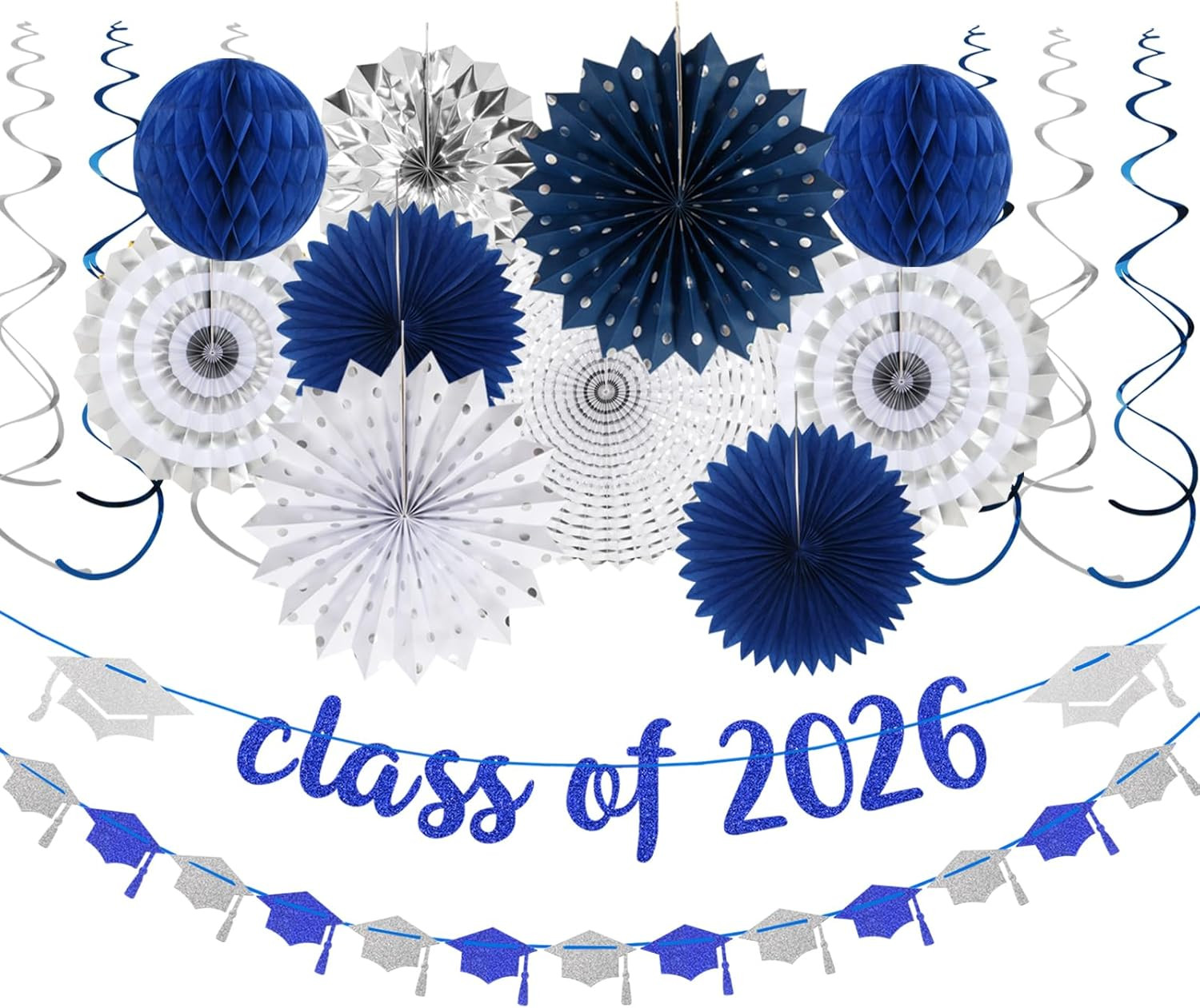 Navy Blue Silver Graduation Decorations Kit Banner Fans Streamers Party Supplies