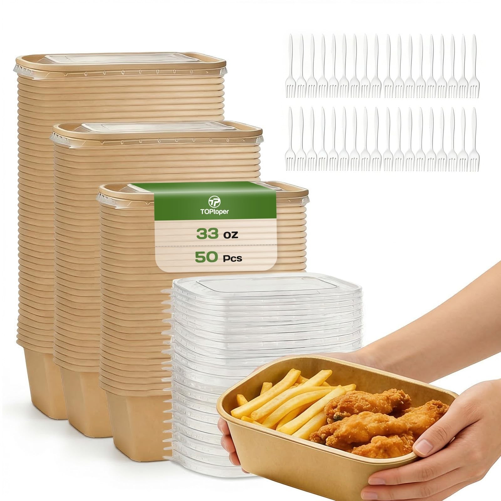 50 Pack 33 OZ Disposable Meal Prep Containers with Lids and Forks, Large Kraf…