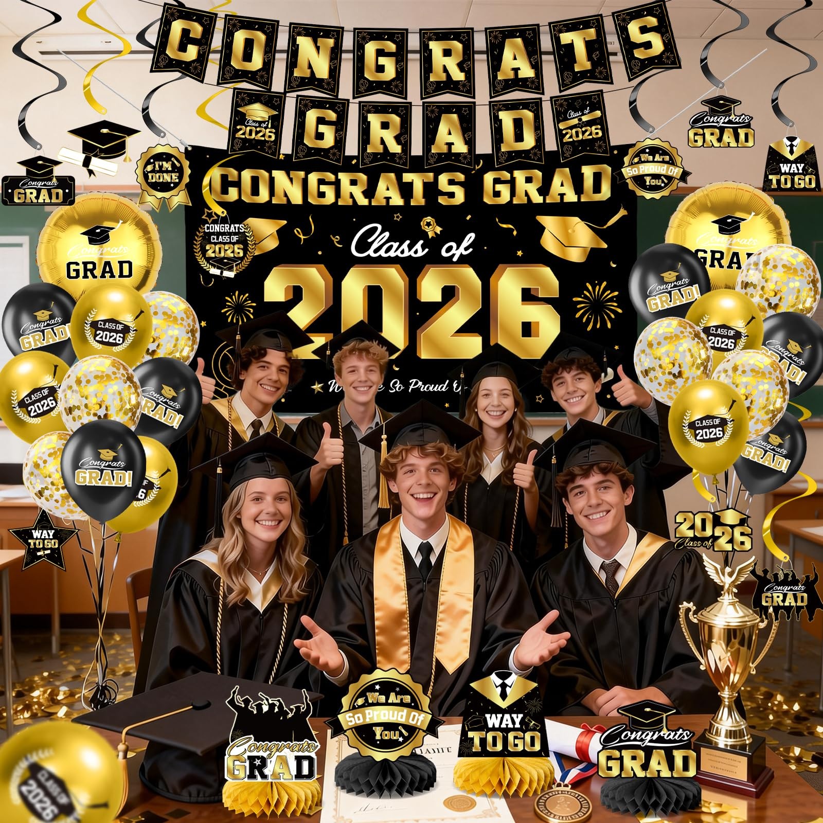 Class of 2026 Graduation Party Decor Kit Black Gold Banner Balloons Centerpieces