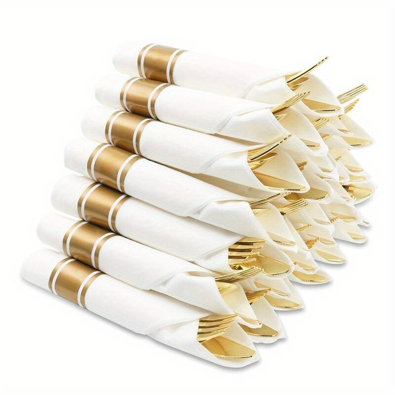 PreRolled Cutlery And Napkin Set Gold 240 PCs For Royal Dinner Parties & Wedding