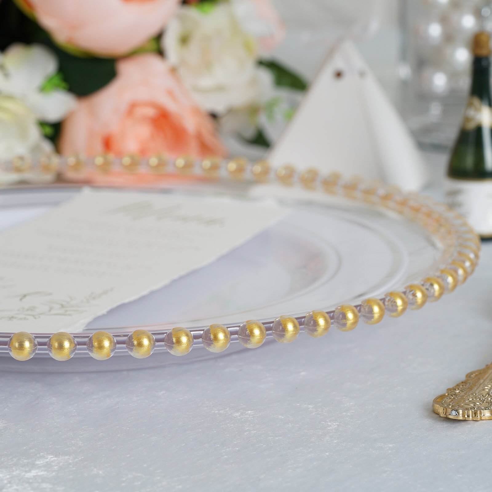 24 CLEAR GOLD 12″ Round Beaded Rim Charger Plates Wedding Reception Supplies