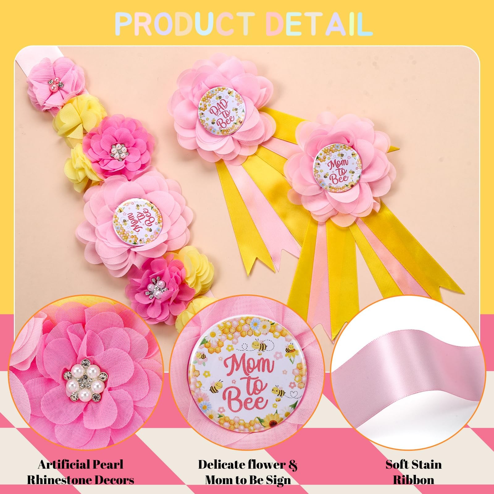 Maternity Sash Corsage Set Mom Daddy To Be Pins Fabric Flower Baby Shower Prop