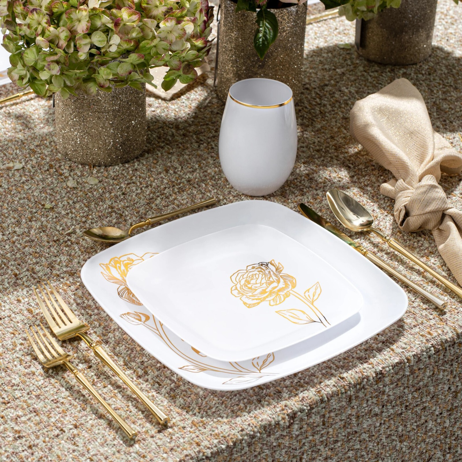 Peony Collection White & Silver Gold Square Dinner Heavyweight Disposable Plates