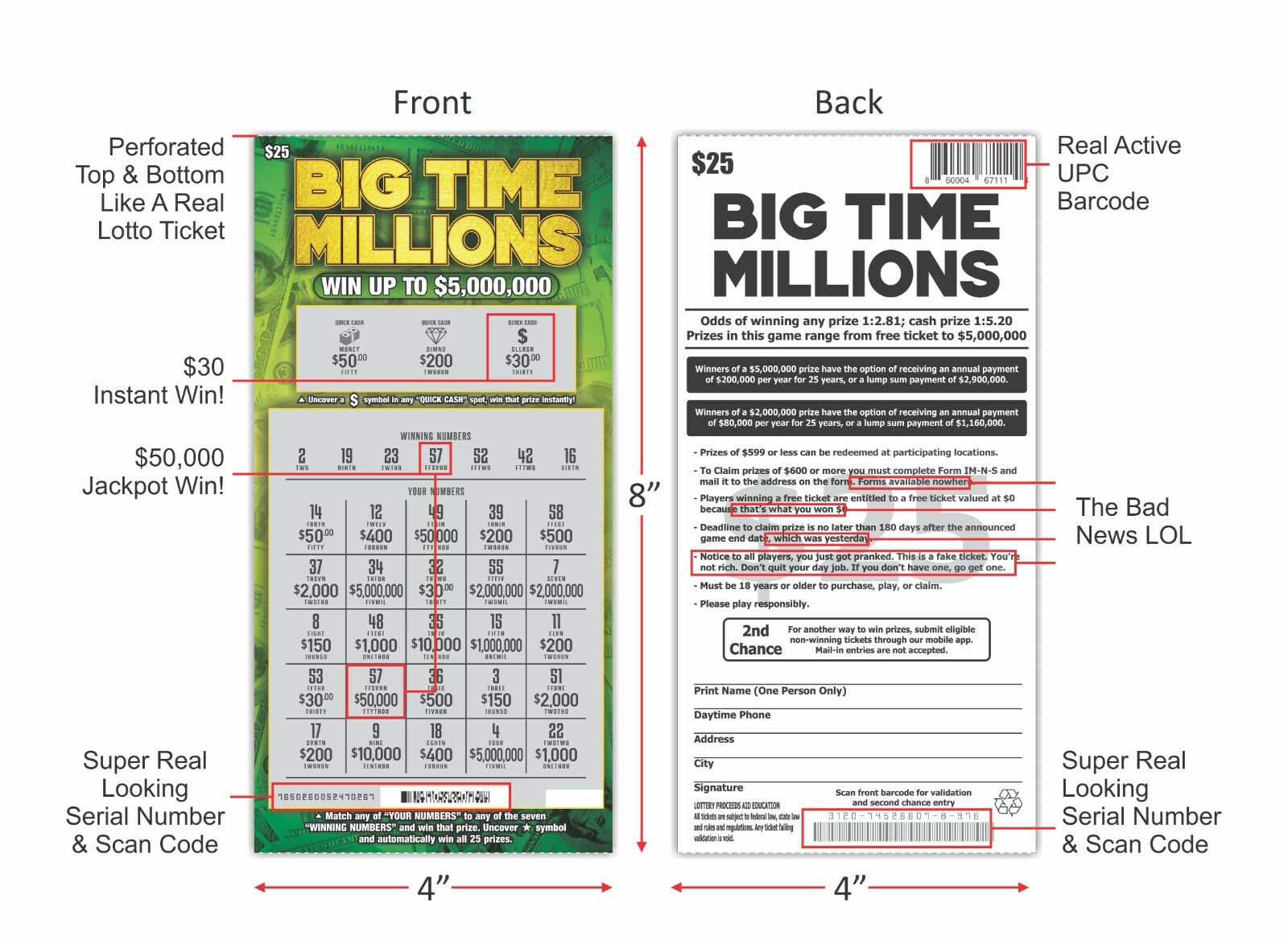 Prank Gag Fake Joke Lottery Tickets Lotto Scratch Off Cards 8 Tickets 4 of Each