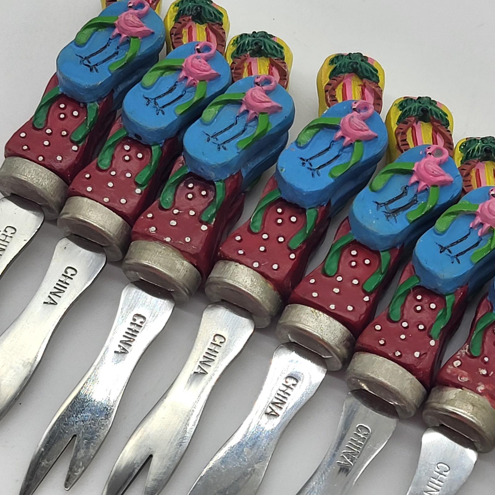 Appetizer Forks Novelty Flip Flop Flamingo Summer Colorful Cocktail Set Of 8