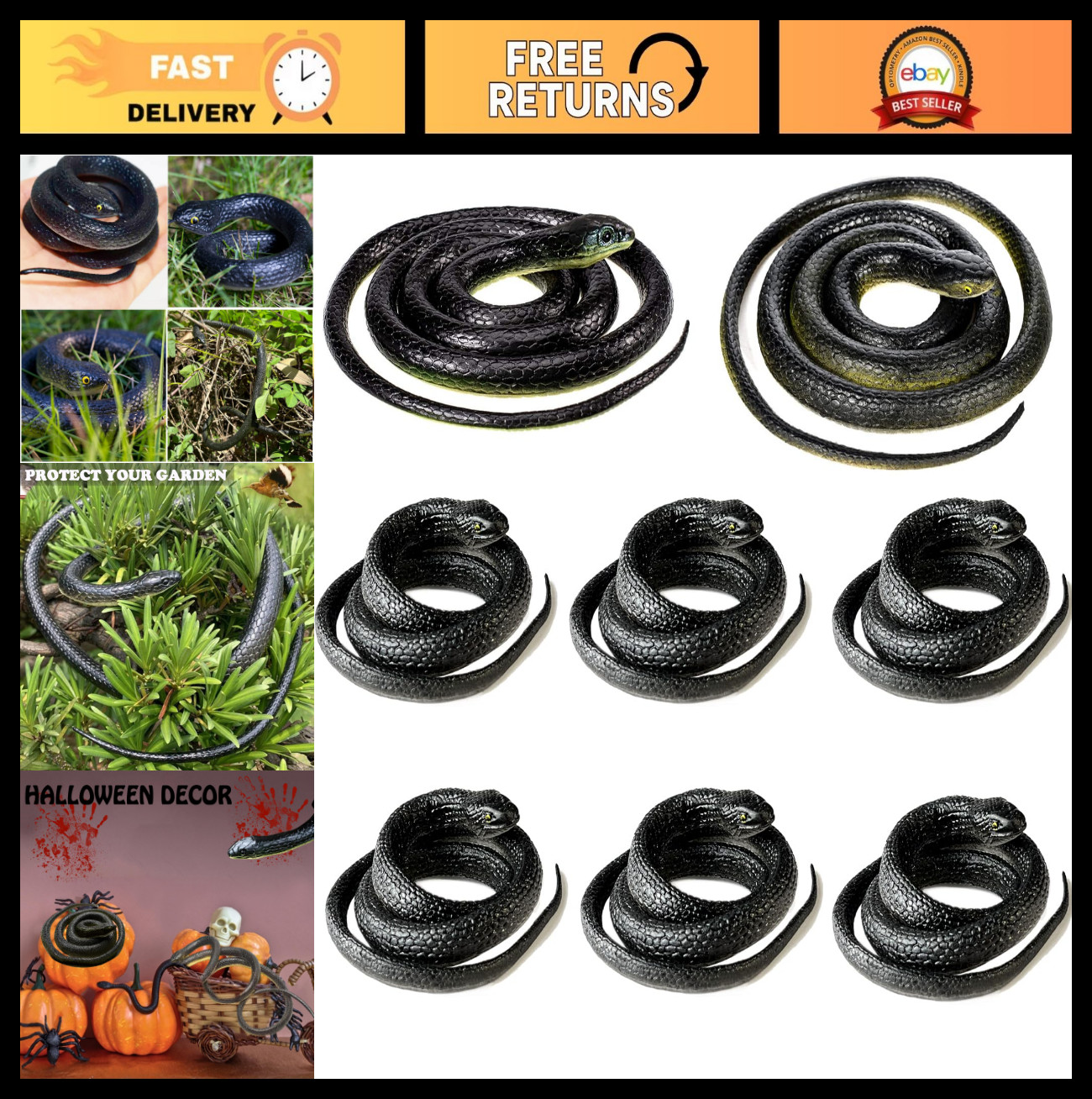 8 Realistic Rubber Snake Toys – Large Black Plastic Snakes for Garden Props, Pra