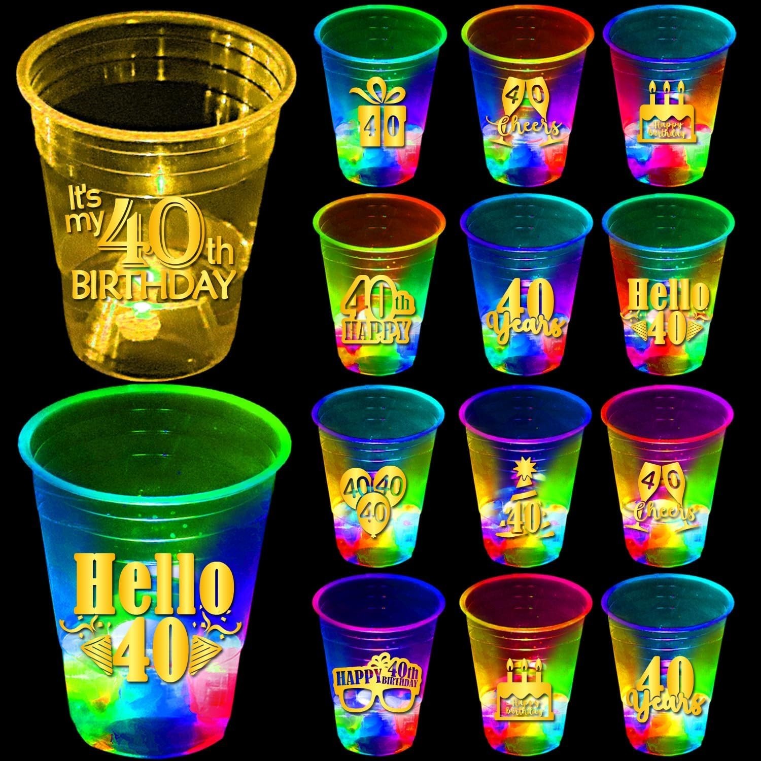 24 Pack Glow 40th Birthday Party Cups – 16 oz 40th Cups with Gold Foil Prints, B