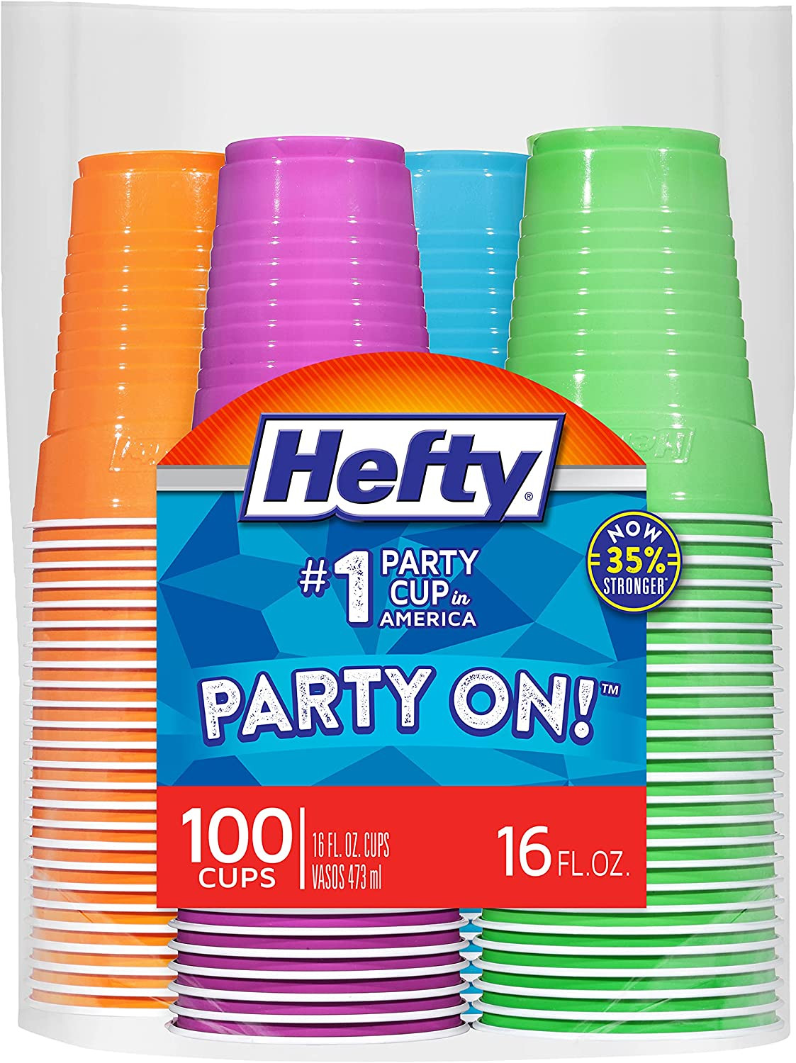 Hefty Party On! 16oz Disposable Plastic Cups 100 Count Assorted Colors
